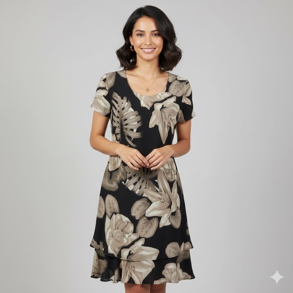 Saks Fifth Avenue Dresses & Skirts - Pat Argenti Silk Floral‎ Fairy Midi Dress (Black/Taupe)